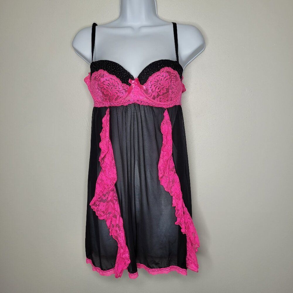 Native Intimates pink black semi sheer lace ruffle bimbocore scene queen bra 36b